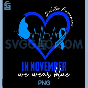 in November We Wear Blue PNG, Diabetes Awareness Heart Ribbon PNG