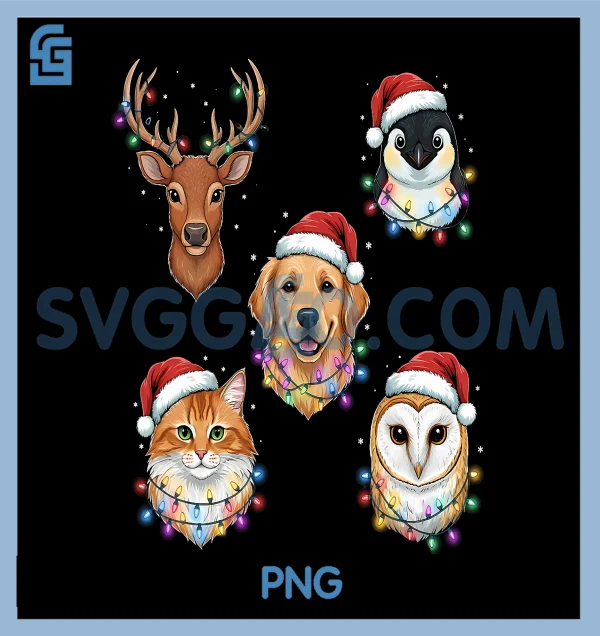 Cute Christmas Animals PNG, Santa Hat Pets with Lights Holiday Art PNG ...