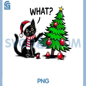 Funny Black Cat Pushing Christmas Tree PNG, Over Cat What Xmas PNG