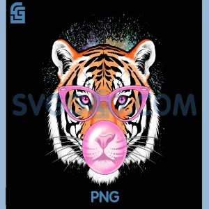 Funny Tiger Wearing PNG, Pink Glasses and Blowing Bubble Gum PNG