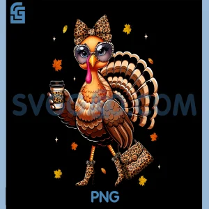 Leopard Turkey Drinking Coffee PNG, Thanksgiving Turkey Day PNG