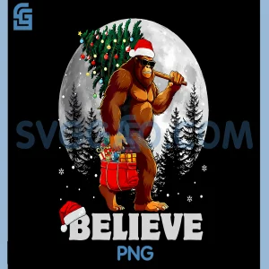 Bigfoot Believe Christmas PNG, Sasquatch Santa Hat Holiday Lights Design PNG