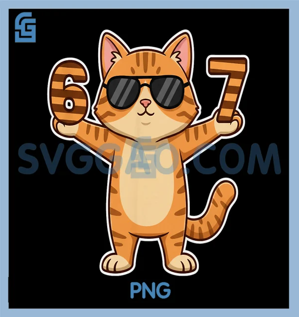 67 Cat Sunglasses PNG, 6 7 Gen Alpha Slang PNG, Funny Six Seven Meme PNG