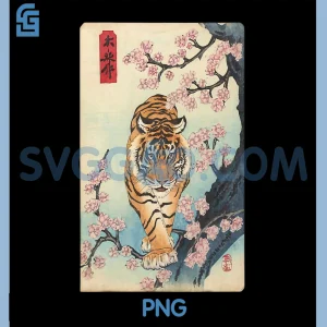 Vintage Japanese Tiger Asian Art PNG, Cherry Blossom Pink Flower PNG