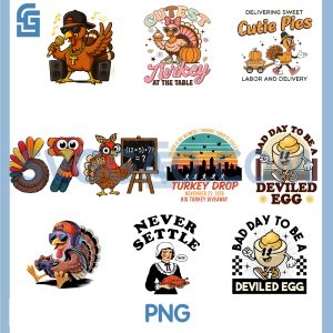 Cutest Turkey At Table PNG Bundle, Thanksgiving Groovy Bundle PNG