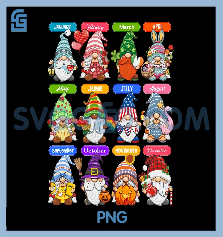 Cute Gnome Every Season PNG, Holiday Gnomes 12 Months Of Gnomes PNG