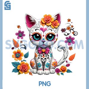 Floral Cat Sugar Skull PNG, Day of the Dead PNG, Dia de los Muertos PNG