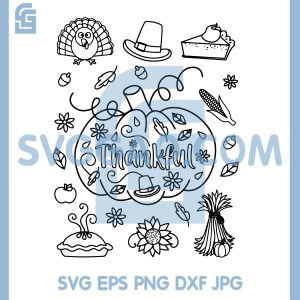 Thankful Pumpkin Doodle SVG, Cute Thanksgiving Line Art Elements SVG
