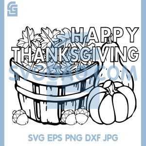 Happy Thanksgiving Basket SVG, Fall Leaves Pumpkin Line Art SVG