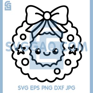 Cute Kawaii Wreath SVG, Christmas Bow Star Decoration SVG