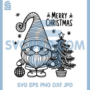 Cute Gnome With Ornament SVG, Merry Christmas Line Art Tree SVG