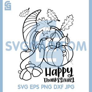 Happy Thanksgiving Cornucopia SVG, Fall Pumpkins Leaves Line Art SVG