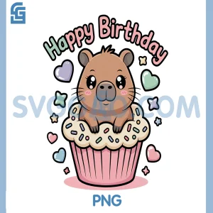 Happy Birthday PNG, Capybara Kawaii PNG, Cupcake Chibi Pastel Fun PNG