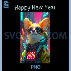 Happy New Year 2026 Funny PNG, Corgi Dog Lover PNG, Cyberpunk Xmas PNG