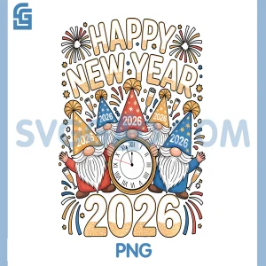New Year 2026 Gnome Trio PNG, Festive Fireworks Party Design PNG