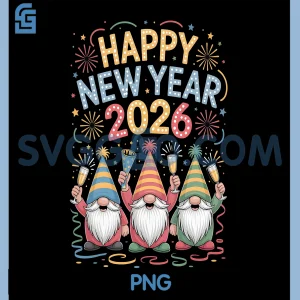 Gnomes Celebrating 2026 PNG, Happy New Year Fireworks Illustration PNG
