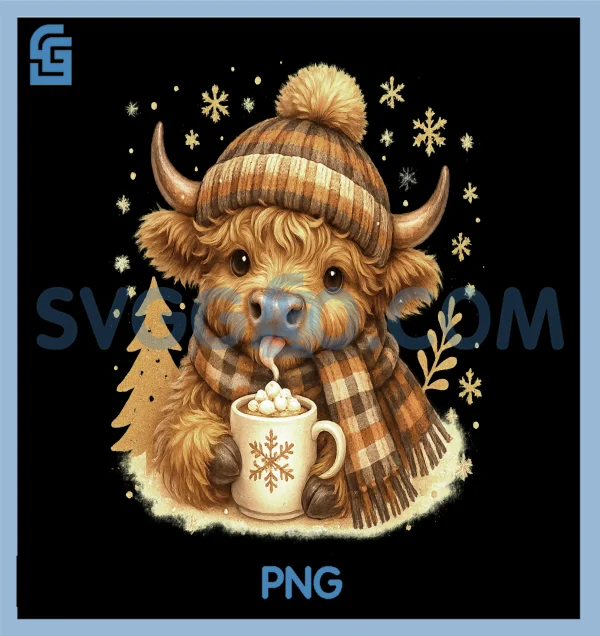 Highland Cow Cute PNG, Cozy Winter Hot Cocoa PNG, Plaid Christmas PNG