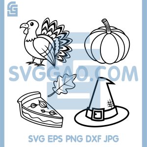 Turkey Pumpkin Leaf Set SVG, Pie Slice Pilgrim Hat Line Art SVG