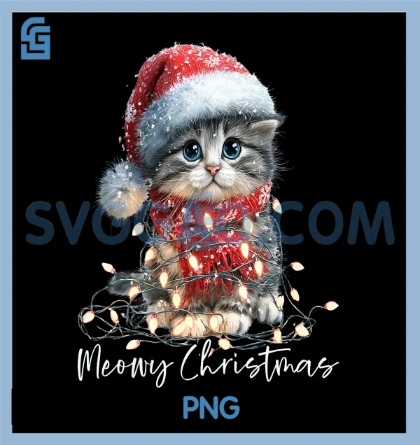 Meowy Christmas PNG, Black Cat Lights PNG, Santa Hat Funny Holiday PNG