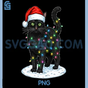 Merry Christmas Black Cat PNG, Santa Xmas Lights Cats PNG