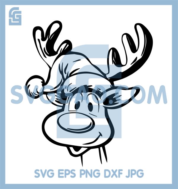 Cute Reindeer Head In Santa Hat SVG, Christmas Cartoon Deer Line Art ...