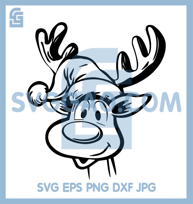 Cute Reindeer Head In Santa Hat SVG, Christmas Cartoon Deer Line Art ...