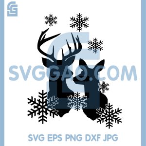 Deer Couple Silhouette With Snowflakes SVG, Winter Buck And Doe Design SVG