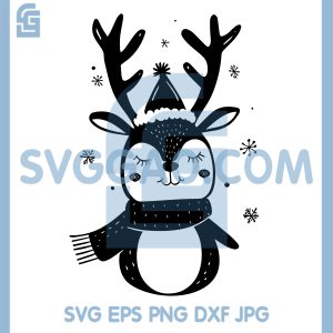 Cute Winter Deer In Scarf And Hat SVG, Snowy Christmas Reindeer Art SVG