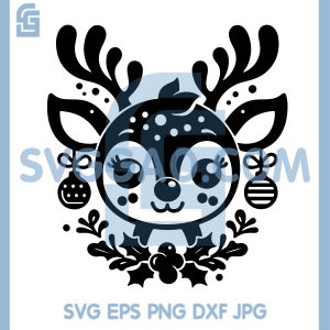 Cute Christmas Reindeer Head SVG, Kawaii Deer With Ornaments And Holly SVG