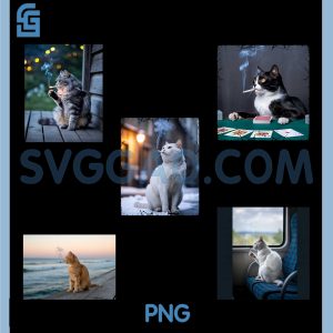 Funny Smoking Cat Meme PNG Bundle, Cool Parody Cat with Cigarette Retro Art PNG Bundle