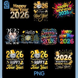Happy New Year 2026 PNG Bundle, Disco Cute Bow Flower New Year's Eve Bundle PNG