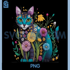 Stunning Blue Cat In Wildflowers PNG, Cat Cottagecore Aesthetic PNG