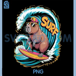 Surf Capybara PNG, Funny Retro Beach Summer Vibes PNG