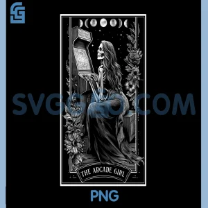 The Arcade Girl PNG, Retro Arcade Gaming 80s PNG, Tarot Card Skeleton PNG