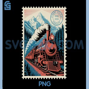Stamp Steam Railway Art PNG, Vintage Tain Locomotive PNG