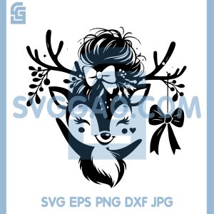 Cute Reindeer With Bow And Floral Antlers SVG, Adorable Deer Face Design SVG