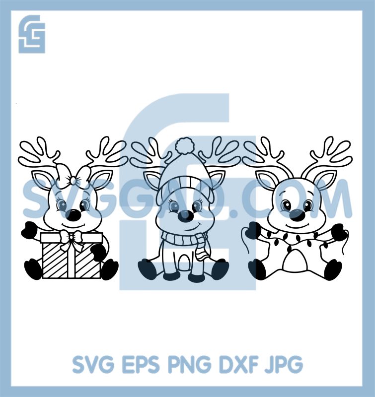 Cute Christmas Reindeer SVG, Adorable Deer With Gift Hat Lights Clipart ...