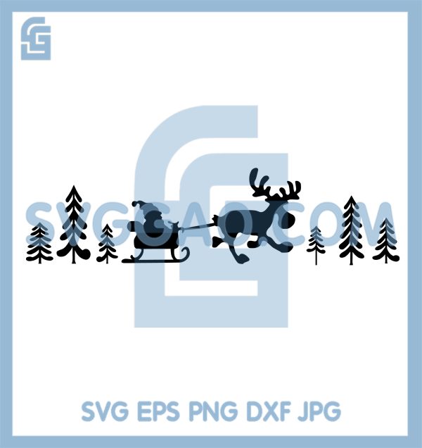 Santa Sleigh Silhouette SVG, Christmas Reindeer Flying In Forest Scene ...