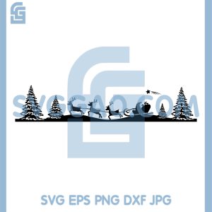 Santa Sleigh Flying Over Trees SVG, Christmas Reindeer Woodland Scene SVG