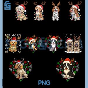 Cute Christmas Dogs In Santa Hats PNG Bundle, Festive Snowflake Hearts PNG Bundle