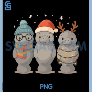 Cute Christmas Manatee PNG, Holiday Trio Manatee Santa Hat PNG