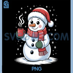 Cute Snowman With Santa Hat And Hot Cocoa PNG, Winter Christmas PNG