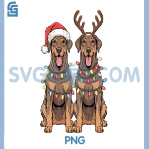 Doberman Dog Christmas PNG, Santa Hat Reindeer Lights PNG