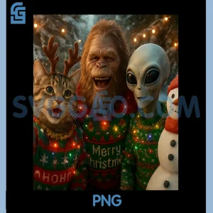 Christmas Cat Selfie with Bigfoot PNG, Alien Ugly PNG