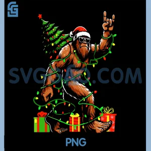 Xmas Lights Funny Sasquatch PNG, Santa Bigfoot Christmas Tree PNG