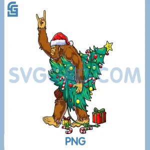 Santa Bigfoot Rock PNG, Christmas Tree PNG, Funny Sasquatch Xmas PNG