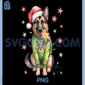 Santa German Shepherd PNG, Holding Gingerbread Cookie Christmas PNG