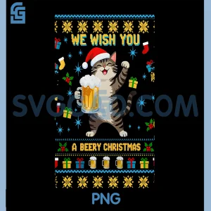 We Wish You A Beery Christmas PNG, Cute Cat Drinking Beer PNG