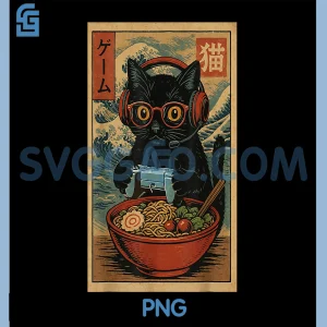 Cute Kawaii Gamer PNG, Funny Ramen Retro Japanese Cat Gaming PNG