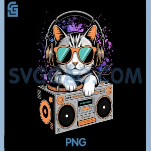 DJ Cat in Sunglasses PNG, Headphones Boombox PNG
